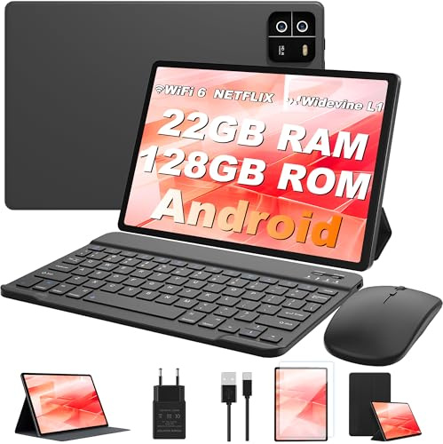 MIRGAMO Tablet 10 Zoll Android 14,Tablets 22GB RAM+128GB ROM(1TB TF) Widevine L1,5G+2.4G WiFi, Octa-Core,GMS,BT 5.0, 8000mAh, 16MP+8MP,1920 * 1200Face ID, GPS,Tablet PC mit Tastatur+Maus-Grau