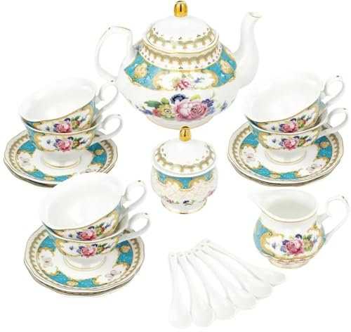 Porzellan-Teeservice Tee-Set – 21-teiliges Blumen-Porzellan, Teetasse und Untertasse for 6 Personen, Teeparty-Set for Frauen, blaue Rosen-Porzellan-Tee-Set(Green)