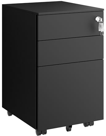 LVSTEEL Rollcontainer mit Schubladen, Mobiler Aktenschrank unter Schreibtisch, Abschließbarer Büroschrank, Druckertisch, 3 Schubladen 4 Schlüssel, Vormontiert, Büro, Homeoffice, für A4/Legal/Letter