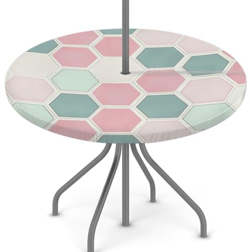Woltant Nappe ronde avec trou de parasol et fermeture éclair facile à nettoyer avec bords élastiques pour jardin, terrasse, barbecue (hexagones rétro)