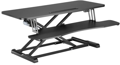 Spacetronik Schreibtischaufsatz Höhenverstellbar 15-68 cm | Steh-Sitz Schreibtisch mit X-Lift Mechanismus, Tastaturablage & Tablet-Slot, Stehpult freistehend, Traglast 20 kg, 95x40 cm