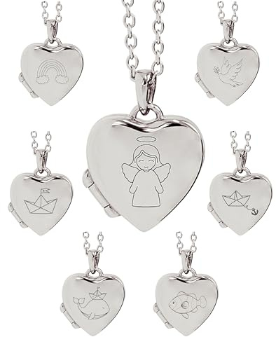 Kette Mädchen Kommunion Geschenk, Kinder Medaillon Herz zum Öffnen mit Bild | Silber 925 und Gold / Rosegold, Halskette 38cm, Foto Service & Gravur Symbol Name personalisiert