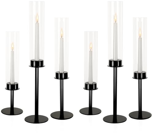 Basitys Schwarz Hurricane Kerzenständer 6 Set Metall Kerzenhalter Stabkerze mit Glaszylinder Stabkerzenhalter mit Windlicht Glas Kerzenleuchter für Weihnachten, Hochzeit, Abendessen (6, Schwarz)