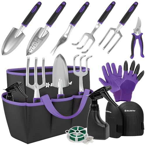 BLOSTM Gardening Tools Set 11 PCS - Heavy Duty Garden Tools Kit with Waterproof Tote Bag - Rust Proof Garden Trowel Set with Ergonomic Handles - Gardening Gifts for Men & Women (Purple/Black)