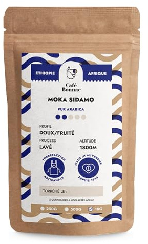 Café Bonnac – Café En Grain Moka Éthiopie Sidamo 1kg | 100% Arabica De Spécialité | Arômes Floraux Et Notes D’Agrumes | Torréfaction Artisanale Française | Idéal Machine À Café Grain