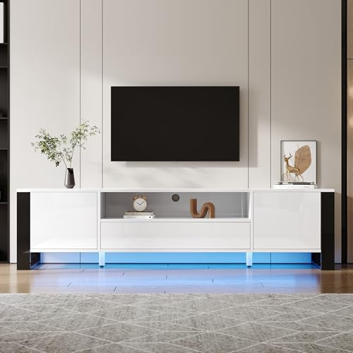 FammyLoft 178cm Hochglanz-TV Schrank mit LED-Beleuchtung, TV Board mit Stauraum, Fernseher Schrank für Wohnzimmer, Fernsehschrank für bis zu 70-Zoll-TVs, Weiß