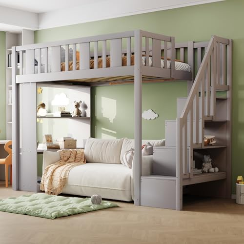 Hochbett 90x200 cm mit Stauraumtreppe Mehreren Staufächern Einzelbett mit Rausfallschutz Platzsparend Jugendbett Holz Lattenrost Gästebett Ohne Matratze Grau