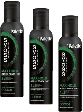 Syoss Palette Max Hold Mousse Tenuta Forte 250ml, Schiuma capelli ricci 3-in-1 che acconcia, protegge e ripara, Spuma capelli ricci con complesso vitaminico adatta per il Curly Hair Method*