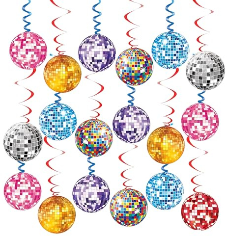 36 Stück Partydeko mit 18 Discokugeln und 18 Luftschlangen in 3 Farben, Ballons 13 cm, Luftschlangen 75 cm, Discokugel Deko, Disco Party und Retro Events