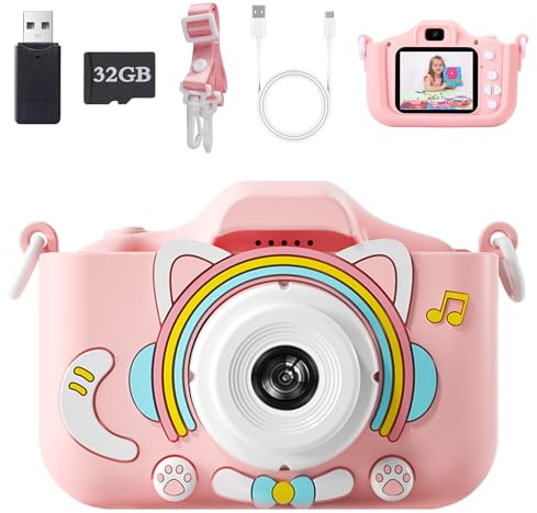 Voniobuy Appareil Photo pour Enfants, Caméra Numérique 1080P avec Écran IPS 2.0 Pouces, 44 Cadres Magiques, 5 Jeux Éducatifs, Développe la Créativité des Filles et Garçons de 3 à 10 Ans, Minou