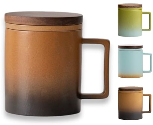 JanYoo Tasse à thé avec couvercle et passoire, 300 ml, tasse à thé avec infuseur et couvercle pour thé en vrac, thé en vrac, céramique émaillée, cadeau pour les amateurs de thé (marron)