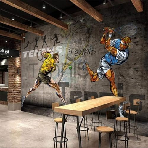 XLMING Retrò Disegnato A Mano Graffiti Tennis Sport Personaggi 3D Carta da Parati Tessuto in Seta Ufficio Sala Pranzo Divano Camera Soggiorno TV Sfondo Muro-250cm×170cm