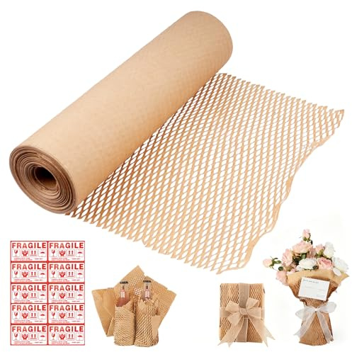 Roll of Paper Bubble Wrap for Packing Cushioning Wrap Papers, 30cm x 30M Brown Honeycomb Packing Paper for Moving House Shipping Breakables and Gifts Packaging Filler, with 10 Sheet Fragile Sticker