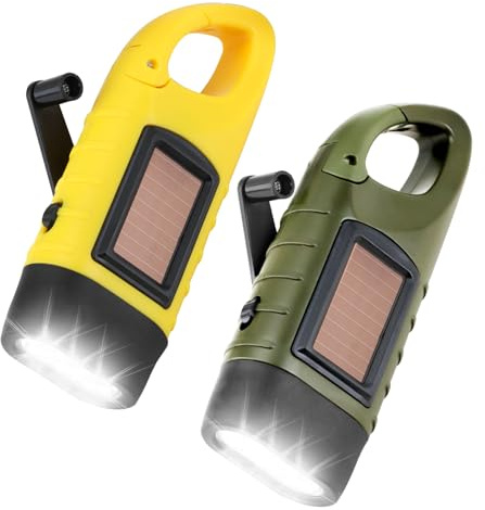 2Pack Wind Up Torch LED Camping Flashlight with Solar Power and Hand Crank | Super Bright Emergency Light with Carabiner Hook, Portable Solar Torch for Hiking, Outdoor, Camping, Survival Gear