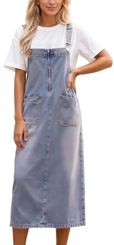 DUHENWU Robe salopette ample élégante pour femme - Robe midi décontractée - Pour l'automne et l'hiver - Robe en jean décontractée - Sans manches - Robe en denim - Couleur unie - Jupe ample à bretelles