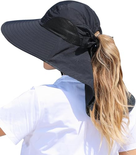 Yemlarey Damen Sonnenhut mit Breiter Krempe UV Schutz Wanderhut Faltbar Fischerhut Sommer Safari Hut mit Pferdeschwanzloch Gartenhut Tropenhut Strohhut Gärtner