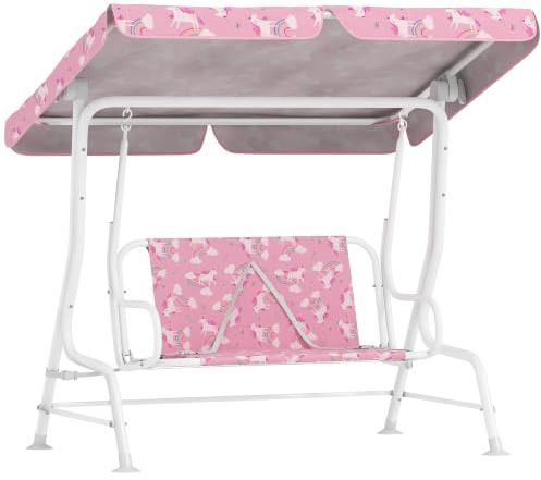 AIYAPLAY Columpio de Jardín Exterior Niños 2 Plazas 112x75x120 cm Rosa | Balancín de Jardín Exterior, Toldo Ajustable, Cinturones de Seguridad, Diseño Unicornio y Arcoíris, Interior, Patio