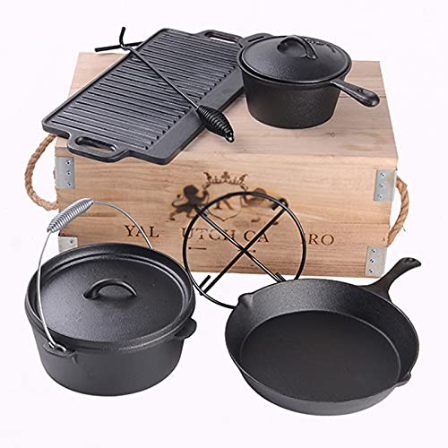 Set di pentole da forno olandesi in ghisa, 7 pezzi, resistenti, con scatola portaoggetti vintage per il trasporto, per cucinare da campeggio, pre-stagionate