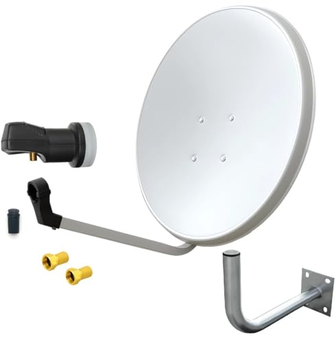 ARLI 60 cm HD Sat Anlage Single LNB Digital + Wandhalter 45 cm + 2 F-Stecker 1 Teilnehmer Antenne lichtgrau/Weiss UHD 4K FullHD
