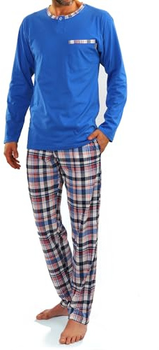 Sesto Senso Herrpyjamas lång pyjamas 100% bomull långärmad skjorta med ficka pyjamasbyxor tvådelat set nattkläder XL T-shirt – blå; byxor – rutig