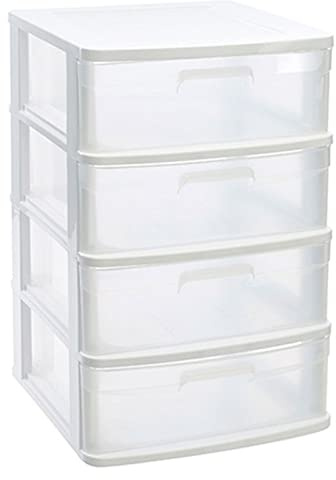 Tradineur - Cajonera almacenaje Sena con 4 cajones opacos, plástico, torre de ordenación multiusos, hogar, 65 x 40 x 39 cm, blanco