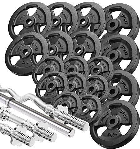 Marbo Sport - Set MW KIER Tri-Grip Hantelscheiben aus Gusseisen, Gewichte mit Aufnahme Ø31 mm, 1 x SZ-Curlstange, 2 x Kurzhantelstange, 1 x Langhantelstange, 113 insg. Kg