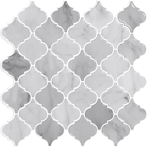 WalDecoo Arabesque Peel and Stick Tile for Kitchen, 12” X 12” Mix Grey Self-Adhesive Kitchen Backsplash in Marble, 10-Sheet 3D Self-Adhesive Wall Tile Stick on Tiles Backsplash(Thicker Design)