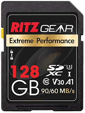 arjeta de Memoria SD Ritz Gear | Tarjeta de Almacenamiento SDXC V30 UHS-I Clase 10 de 128 GB de Rendimiento Extremo, Velocidad de Lectura/Escritura de 90/60 MB/s