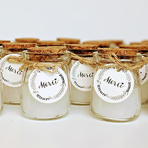 12Candele in vasetto di vetro, con etichetta scritta lingua francese Merci, spago e tappo sughero, idea regalo per invitati matrimonio, battesimo, compleanno, accessorio ringraziamenti, TE Whaka