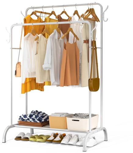 vounot® Portant à Vêtements Double Tringle avec Étagères à Chaussures et 4 Crochets Latéraux Penderie Vêtement Robuste en Métal Pour Chambre Dressing et Entrée 110x58x150cm Blanc