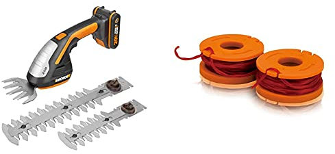 Worx 20V Gras- und Strauchschere WG801E mit Akku und Ladegerät, inkl. 3 Verschiedene Messer & WA0004.1 Rasentrimmer Faden für alle 20V WORX Rasentrimmer – Ø 1,65mm, 3m Länge – 2er Set