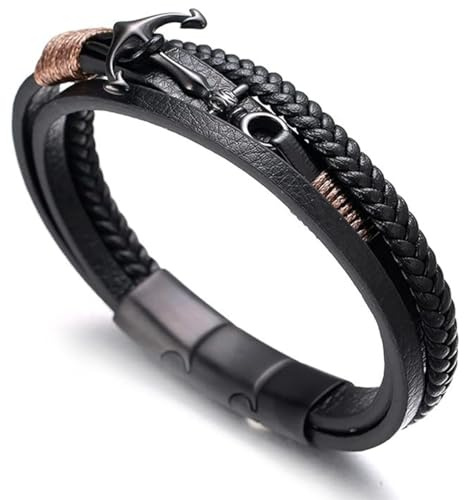 Halukakah Kinder ● Segel Junior ● Plus Jungs Echtleder Handgefertigter Zopf Anker Armband 13-16 Jahre Alt. Titan Matt Schwarz Magnetverschluss Größe Einstellbar 18-19.5cm mit Gratis Geschenkbox