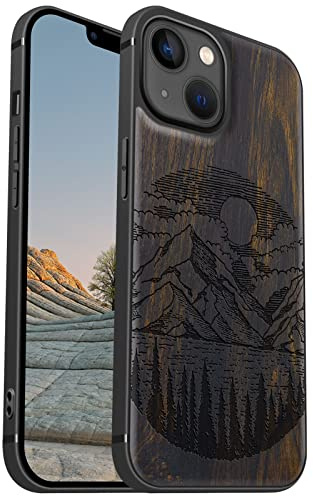 Carveit Coque magnétique pour iPhone 13 Étui de Protection [Artistique Bois Sombre] [Pare-Chocs en TPU Souple] Case de téléphone Antichoc Compatible Magsafe avec 13 Coque (Lac Alpin)