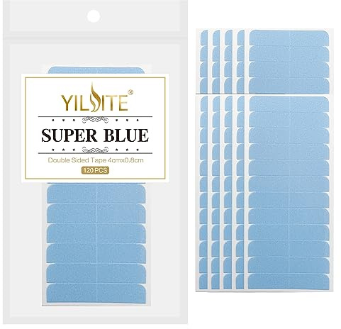 YILITE Klebeband für Haarverlängerungen, doppelseitig, 4 x 0,8 cm, selbstklebendes Klebeband aus Echthaar zum Ersatz （120 Stück blau）