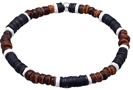 Kuzzoi Buddha Herren Armband aus Heishi und Kokosnuss Holz Perlen (6 mm) mit oxidierten 925 Sterling Silber Elementen Muschel Beads Armband für den Mann elastisch, Länge 19 cm