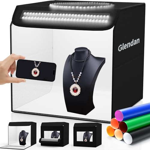 Glendan Light Box Photography, 16x16 Portable Photo Box Shooting Tent Kit with 2 Light Panels (204 LED Lights) & 6 Kinds Double-Sided Backgrounds for Jewelry and Product Photography