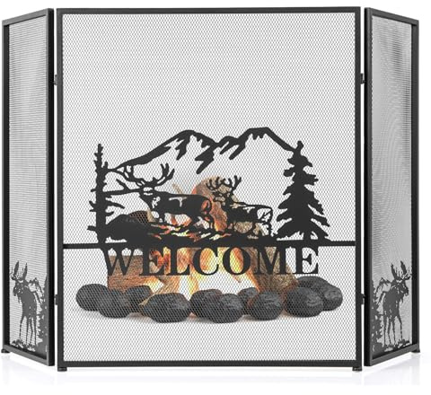 COSTWAY 3 Panel Folding Fire Guard, Large Fireplace Screen Fence with Anti-slip Footpads & Flexible Hinges, Wrought Iron Mesh Spark Fire Panel for Wood Coal Firing (Moose Pattern, 132x79cm)
