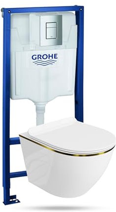 Lavita Élément mural Solido + WC suspendu Sofi Slim Gold Line sans bord + abattant de WC avec système d'abaissement automatique Bouton chromé Kit complet encastré WC complet