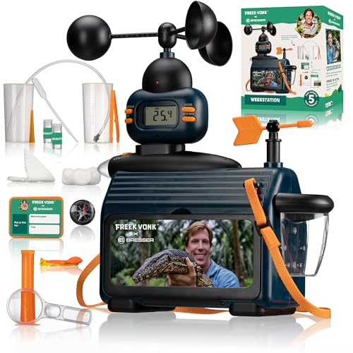 Freek Vonk x Bresser Kinder-Wetterstation für draußen mit LCD-Anzeige, Temperatur-, Wind- und Regenmessung, Lernbroschüre, Experimentierset