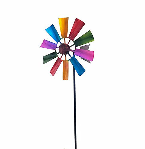 29-Zoll-Windspiel für den Außenbereich, Blumen-Windspiel-Pfahl, Auffälliger Blumen-Windspiel-Stecker, Regenbogen-Windmühle aus Metall, Gartendekoration, Kinetische Windmühlen für