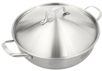 SuhoFutus 32 CM Stainless Steel Pans, Wok Pan with Lid, Frying Pan with Non-Stick Coating, Includes 1 Steaming Rack, Suitable for Induction Cookers, Gas Stoves, etc, Silver