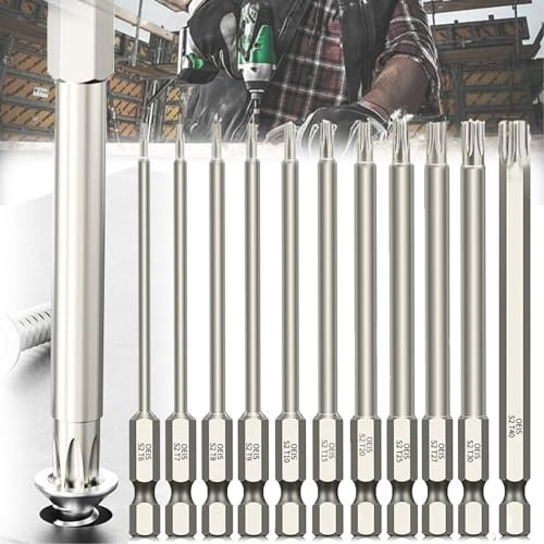 Mikqky 11 Pièces Jeu Long Torx Pour Tournevis à Tête Tige Hexagonale, Sécurité Bit Magnétique 1/4, 1,7-6,65mm (T6-T40)