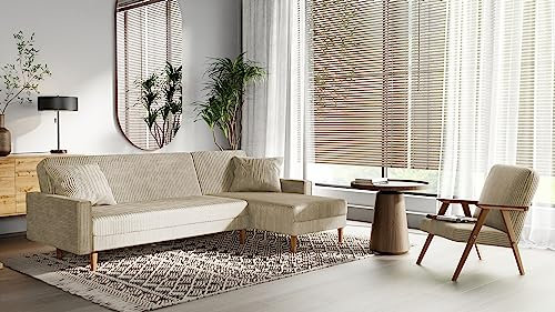 GREKPOL Ecksofa Lila Cord Stoff Poso Couch Sofa mit Schlaffunktion und Bettkasten Schlafsofa Polsterecke Couchgarnitur Ecke Bettcouch - Universal Universal (Poso 100 Beige)