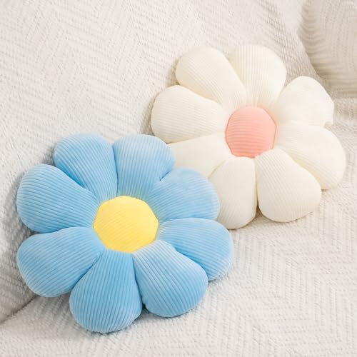 FSRONGXI 2pcs Flower Cushion Blue Daisy Pillow Throw Pillows, Cute Floor Pillow Cushion for Bedroom Sofa Chair Decor (Blue & White, 38x38cm)