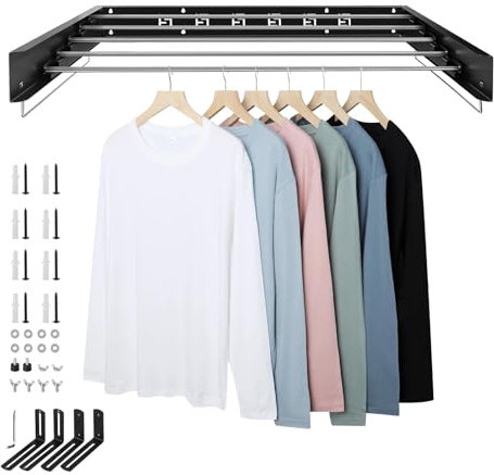 SWAWIS Wäscheständer Wandmontage aus Edelstahl Schwarz 100x50cm, 50kg Tragkraft, Klappbar, Geeignet für Innen Balkon, Platzsparend