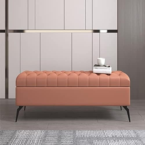 CATANK Rechteckige Aufbewahrungs-Ottomane-Bank, Massivholz-Ende Der Bettbank-Ottomane Mit Stauraum, Mit Leder Gepolsterte Aufbewahrungsbank, Orange-Rosa, 100X40X45Cm
