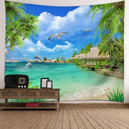 Musihy Natur Wandteppich | Polyester Möwen Delfine Küstenlandschaft Wandteppich Wandkunst für Schlafzimmer Wohnzimmer Dorm Decor Wandteppich | Blau Grün Weiß, 150x130cm