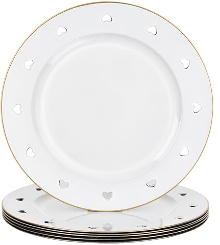 13 Round White Charger Plates, Heart Hollow Chargers for Dinner Plates with Golden Border, Formal Table Setting Accessory Centerpiece Bluk Wedding, Valentine's Day, Galentine's Day, Easter Set of 6