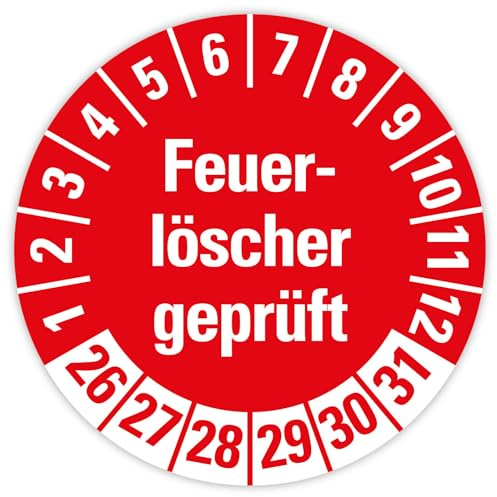 25x Prüfplaketten „Feuerlöscher geprüft 2026-2031 auf Bogen Folie, Rot | Ø 20-30 mm Made in Germany, Größe: Ø 20 mm