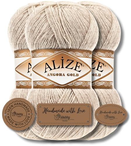Hobby YARN 3x Etikettenlabel mit Alize Angora Gold Wolle Premium 3x100g als Set, Yarn, Garn, Dünne Mohair aus Schurwolle, Uni, Einfarbig, Strickgarn (152)